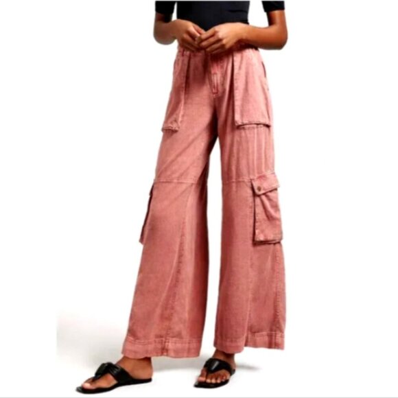 Anthropologie Pilcro Linen Beach Cargo Pants Coral Wide Leg Sz 14 #61W - Picture 2 of 12